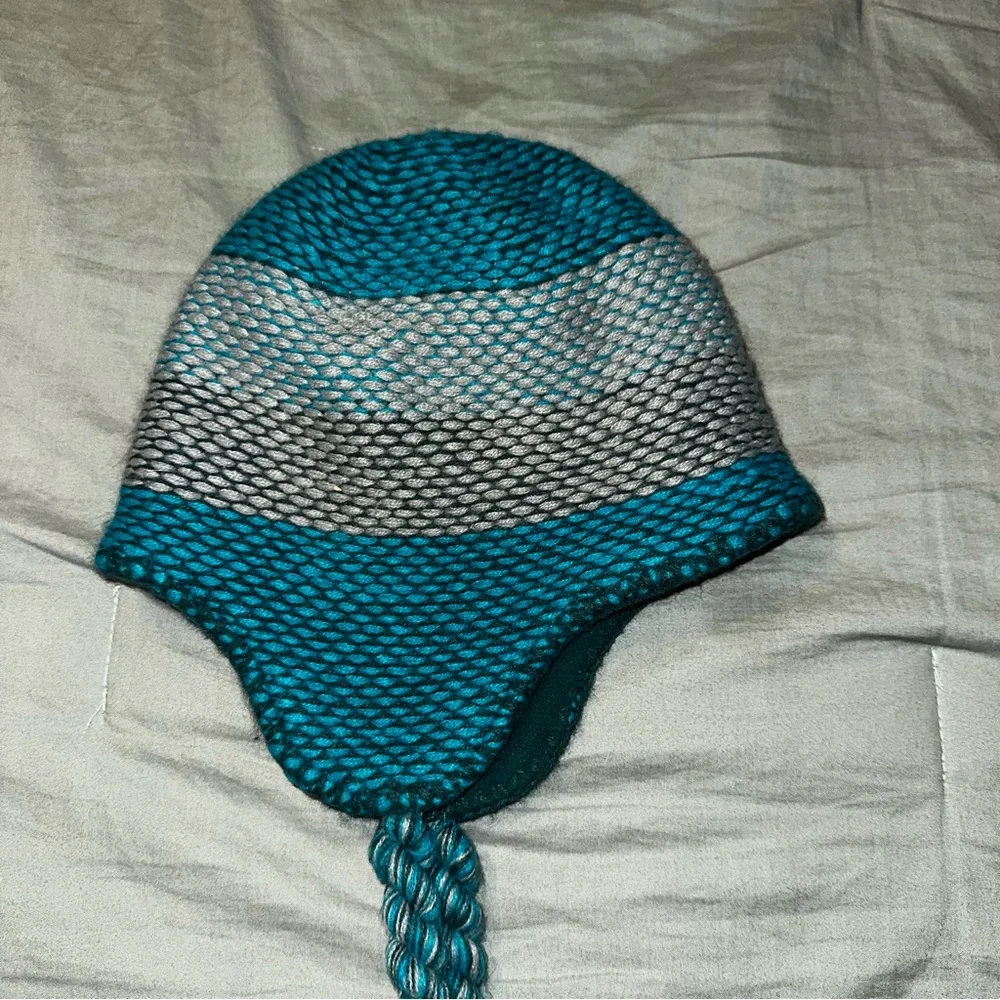 The North Face Youth Teal Grey‎ Striped Knit Trapper Hat Earflap Beanie Medium